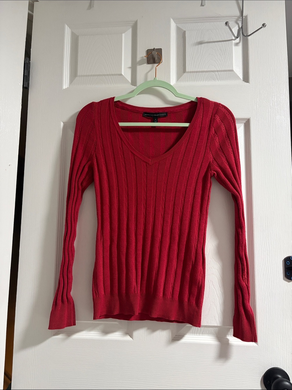 White House Black Market Bright Red Ribbed V-Neck Sweater